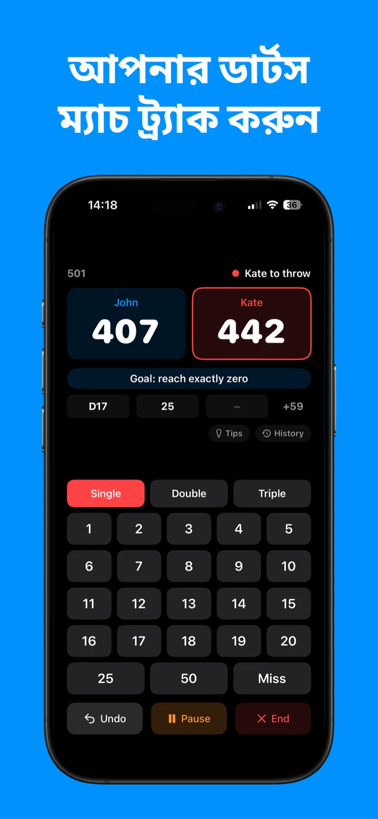 আপনার ডার্টস ম্যাচ ট্র্যাক করুন — iPhone-এ ডার্টস স্কোর অ্যাপ একটি চলমান ৫০১ খেলা প্রদর্শন করছে যেখানে খেলোয়াড়দের স্কোর ও ম্যাচ ইতিহাস দেখা যাচ্ছে।