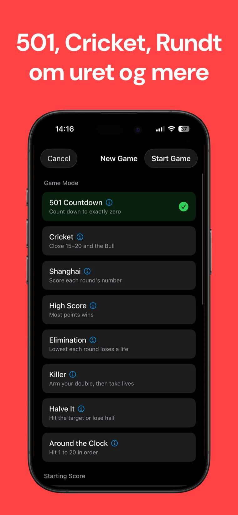 501, Cricket, Rundt om uret og mere — Dart Scoreboard spiltypevælger med otte muligheder