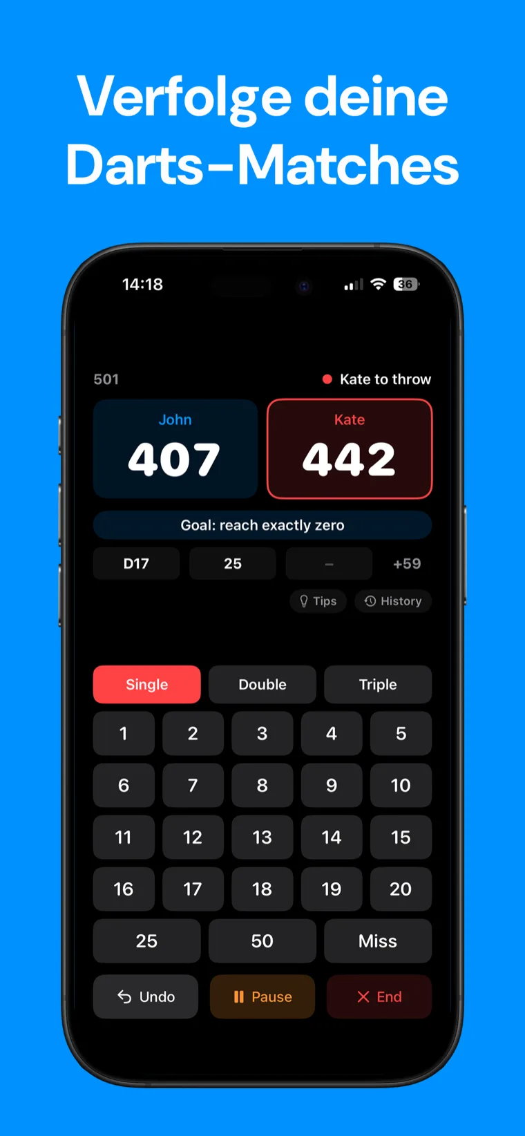 Verfolge deine Darts-Matches — Darts Zähler auf dem iPhone mit einem laufenden 501-Spiel, das Spielerpunkte und den Spielverlauf anzeigt