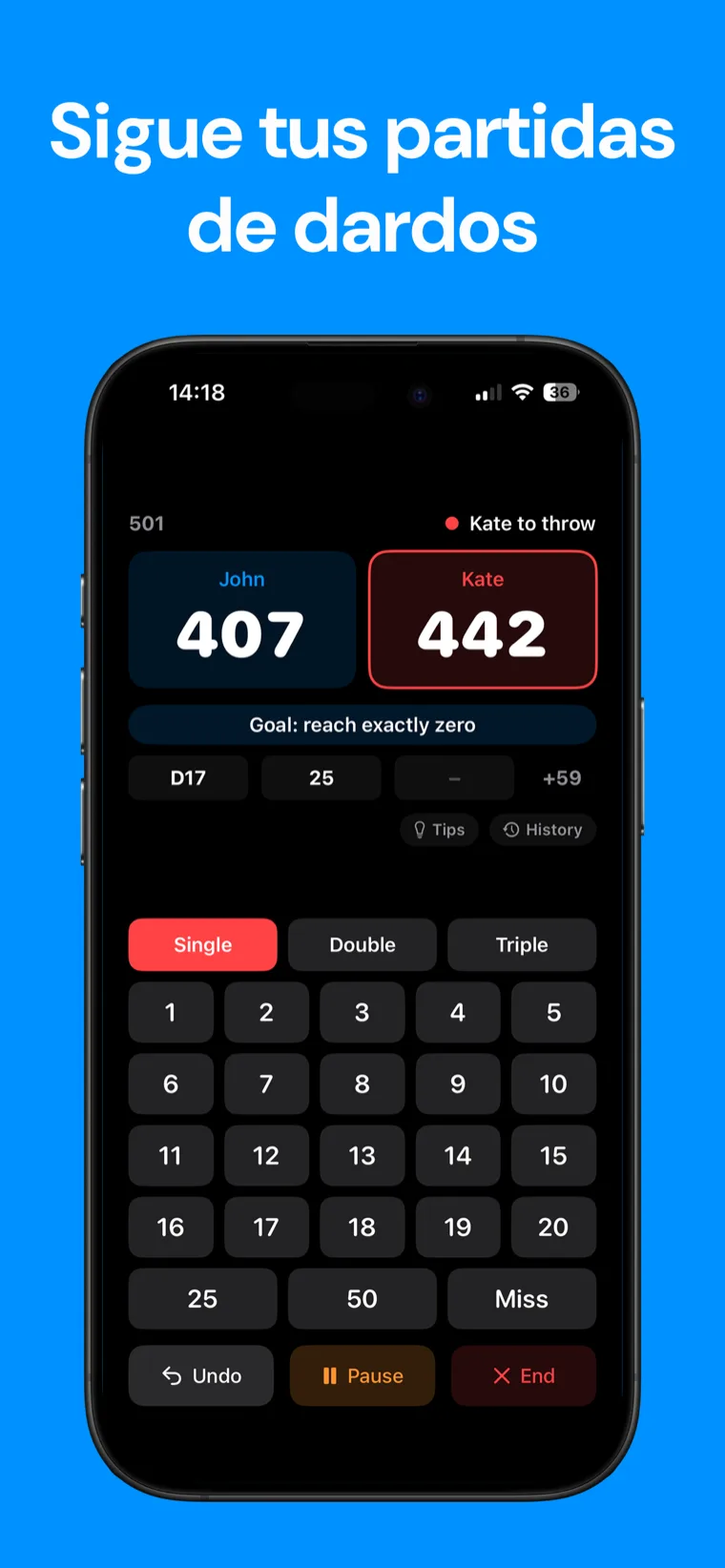 Sigue tus partidas de dardos — Dardos Marcador en iPhone mostrando una partida de 501 en curso con puntuaciones de jugadores e historial de partidas