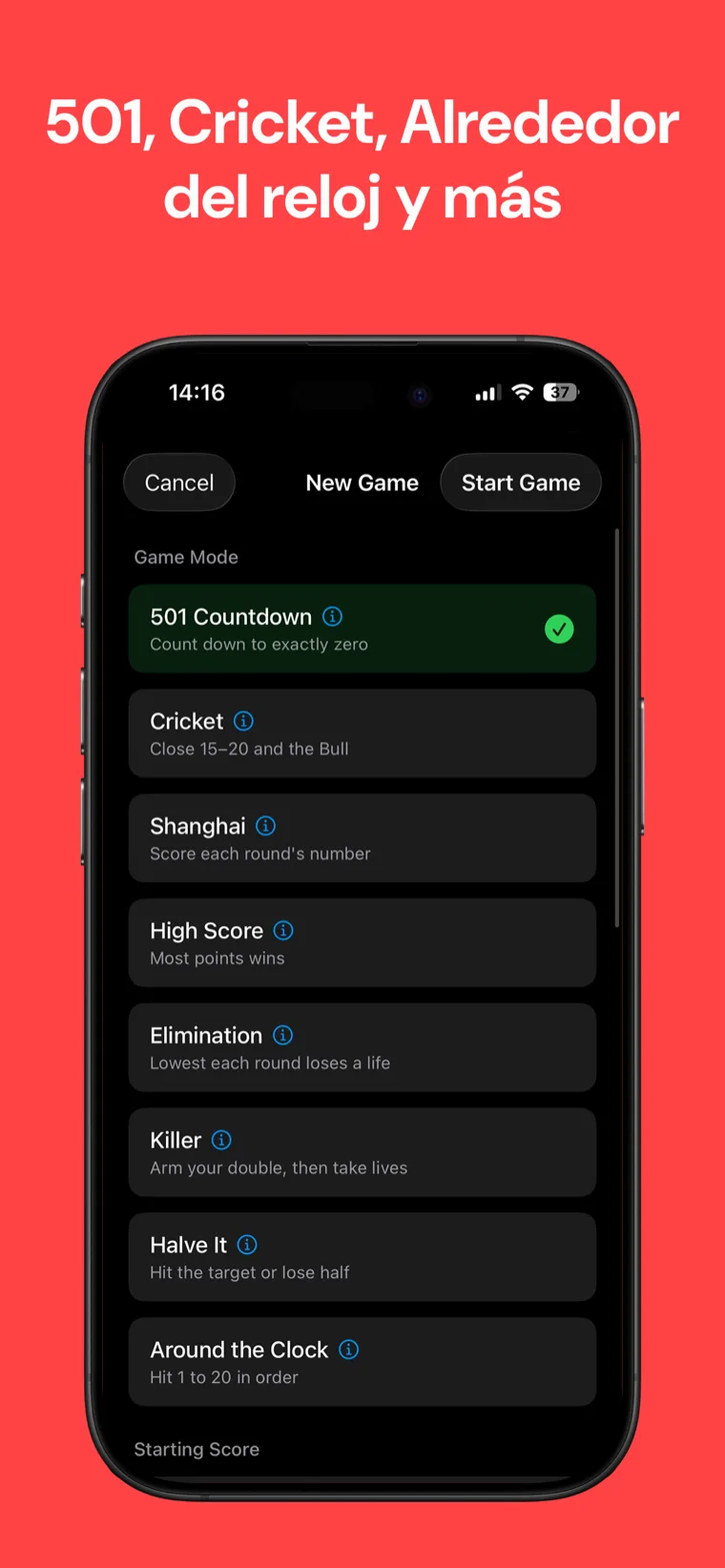 501, Cricket, Alrededor del reloj y más — Selector de modos de juego de Dardos Marcador