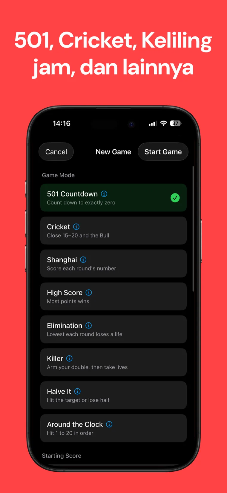 501, Cricket, Keliling jam, dan lainnya — pemilih mode permainan Darts Skor