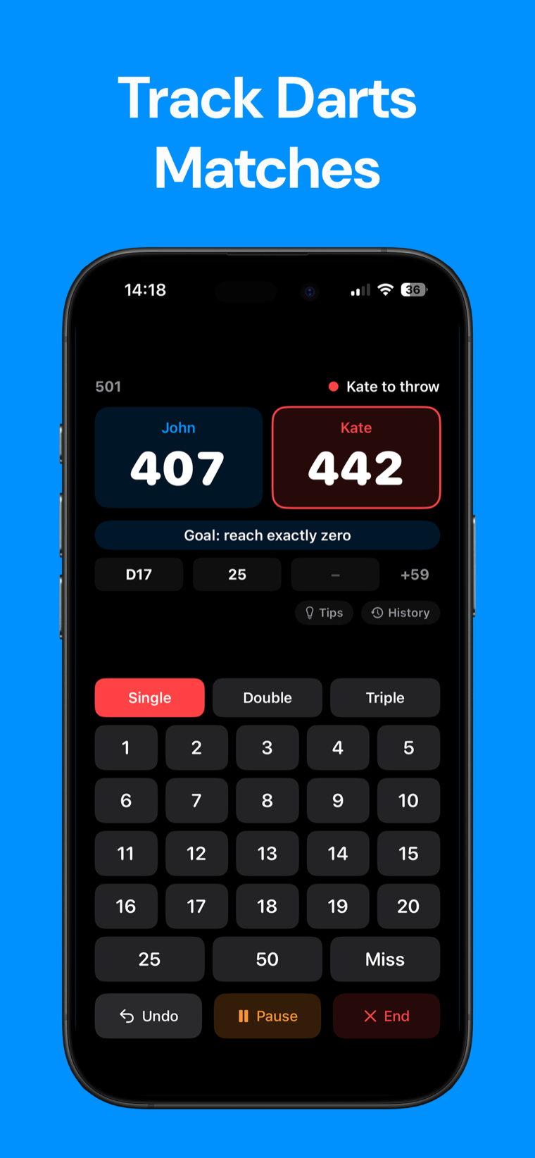Track darts matches — Darts Scoreboard on iPhone showing a running 501 game with player scores and match history