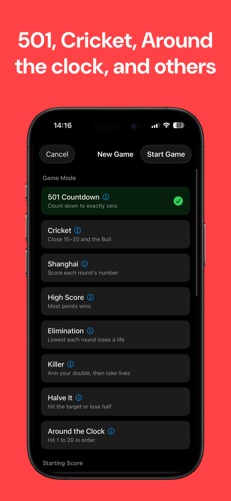 501, Cricket, Around the Clock and other modes — Darts Scoreboard game mode picker