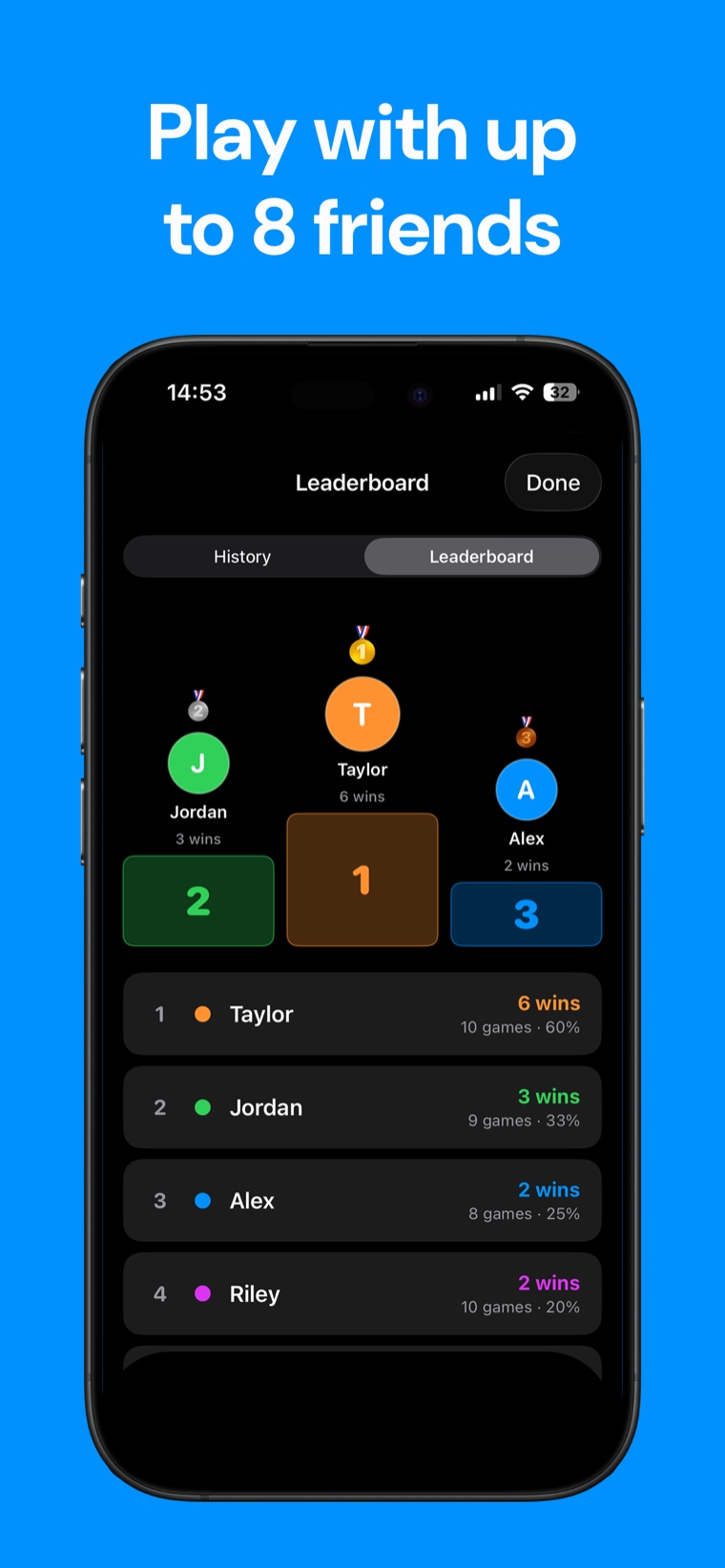 Play with up to 8 friends — Darts Scoreboard player setup screen with multiple players added