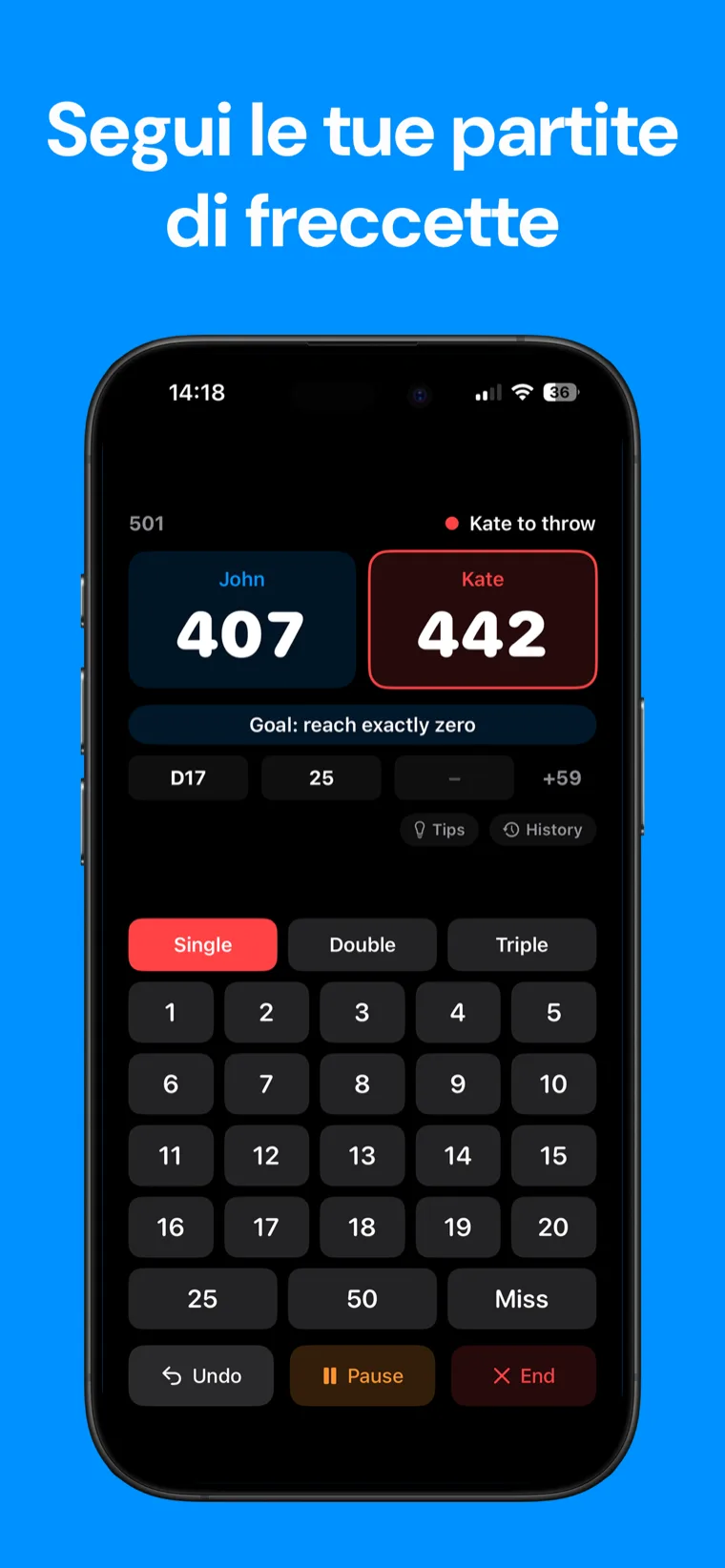 Segui le tue partite di freccette — Freccette Punteggio su iPhone mostra una partita di 501 in corso con punteggi e cronologia