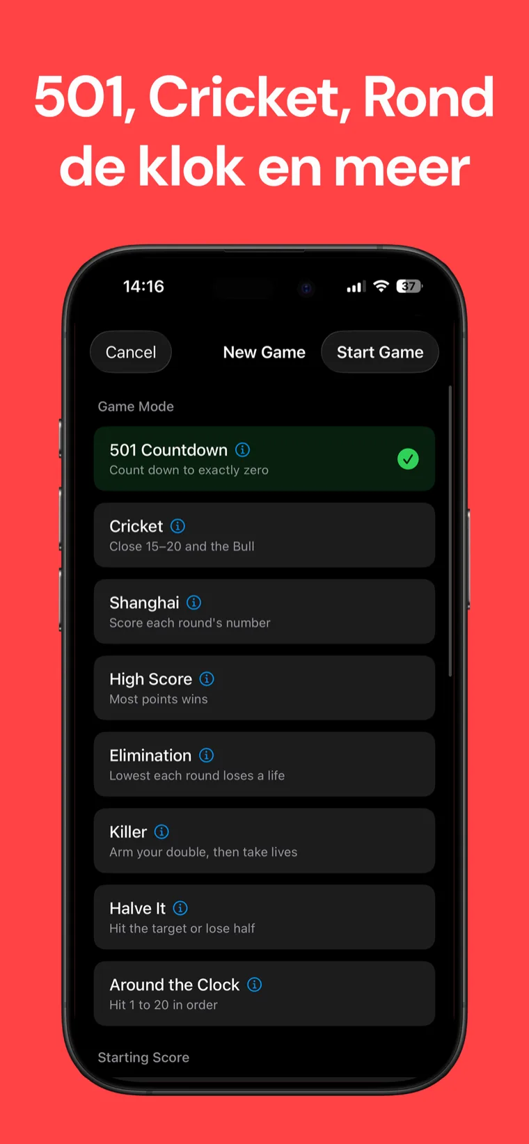 501, Cricket, Rond de klok en meer — Darts Scoreboard spelmoduskiezer