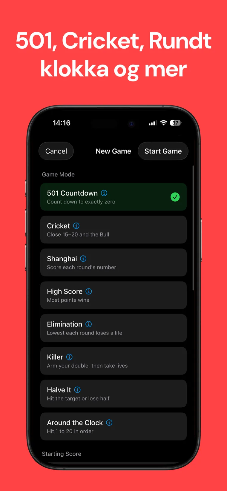 501, Cricket, Rundt klokka og mer — Dart Score spillmodusvelger