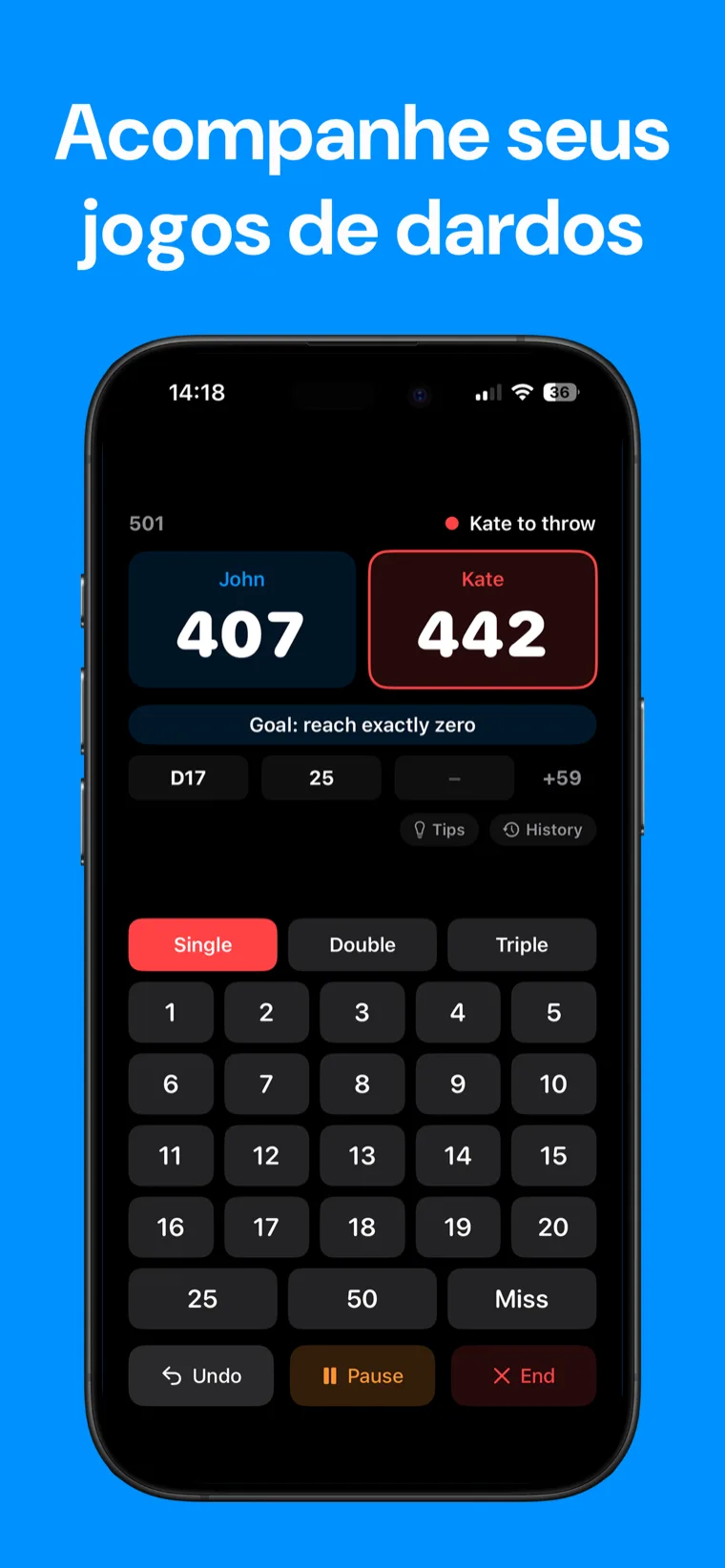 Acompanhe seus jogos de dardos — Dardos Marcador no iPhone mostrando uma partida de 501 em andamento, com placar dos jogadores e histórico.