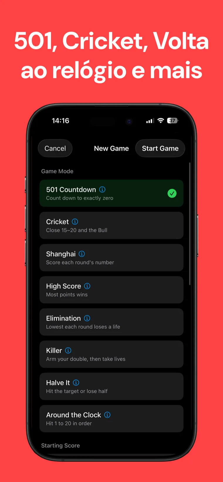 501, Cricket, Volta ao relógio e mais — Seletor de modos de jogo do Dardos Marcador