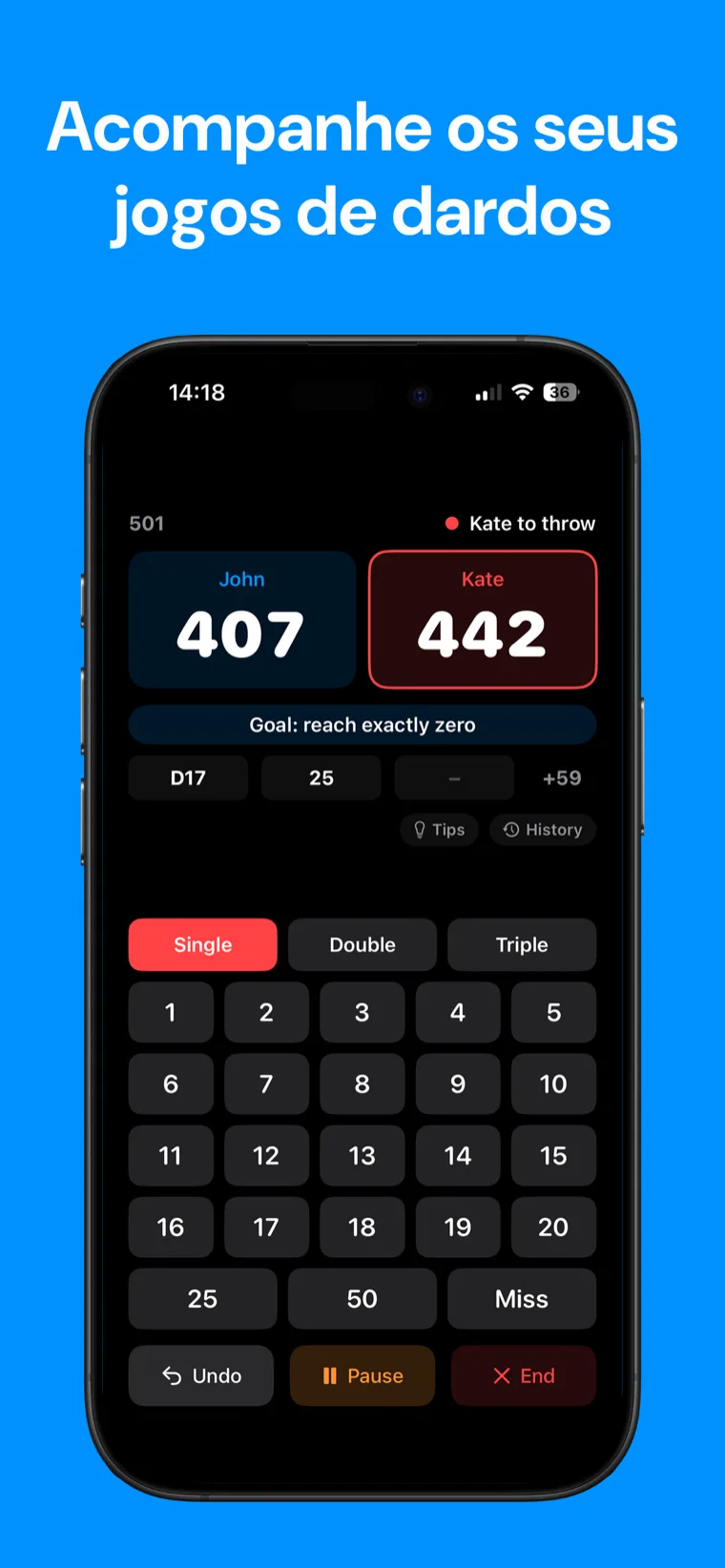 Acompanhe os seus jogos de dardos — O Marcador de Dardos no iPhone mostrando um jogo de 501 em curso com pontuações dos jogadores e histórico de partidas