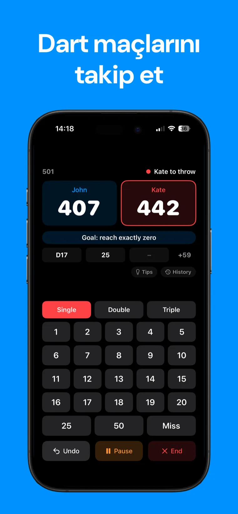 Dart maçlarını takip et — Dart Skor uygulaması iPhone'da oyuncu skorlarını ve maç geçmişini içeren devam eden bir 501 oyunu gösteriyor.